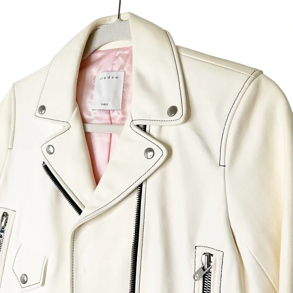 Sandro Edwin White Sheep Leather Cropped Motorcycle Jacket A1A Moto Size Small/6 - Picture 10 of 15